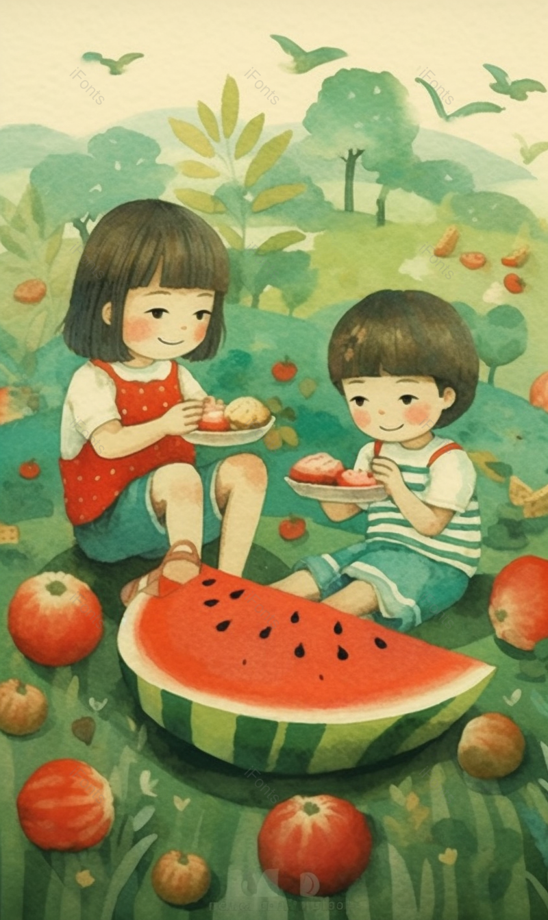水果西瓜那个小女孩坐在草丛吃水果玩耍儿童节创意插画素材壁纸,插画/手绘图,插画/手绘图库,插画/手绘图下载,插画/手绘